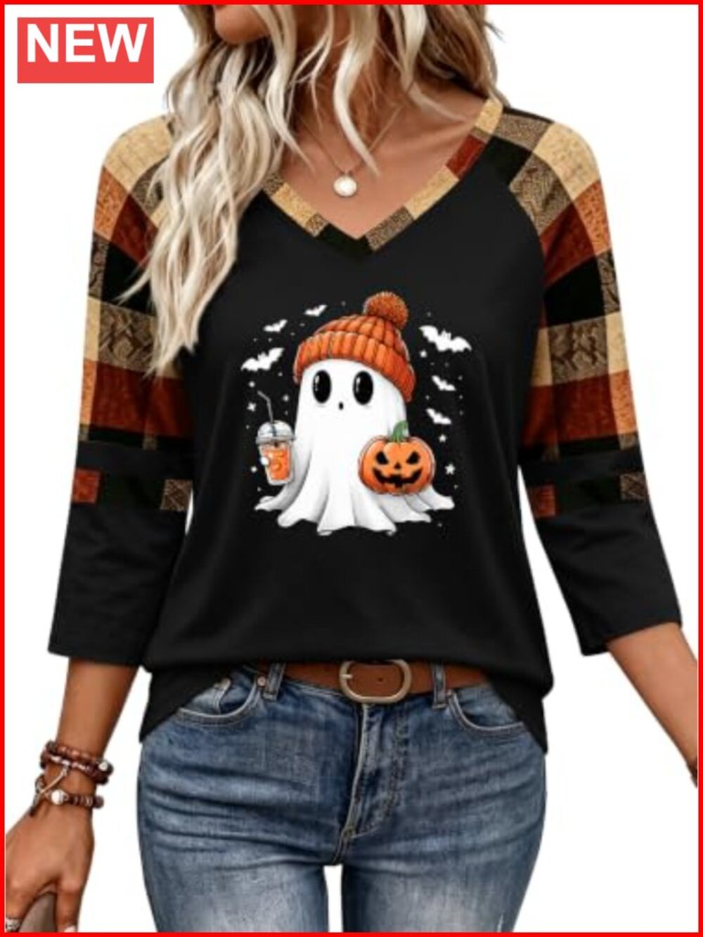 Womens Halloween 3/4 Sleeve V Neck Tee Fall Pumpkin Leopard Print Top